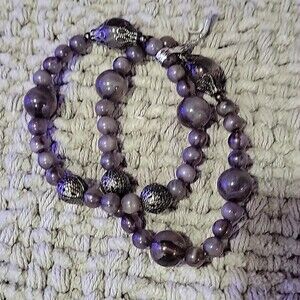 Dusty Purple Marble and Silver Beaded Stretchy Bracelet Set of 2